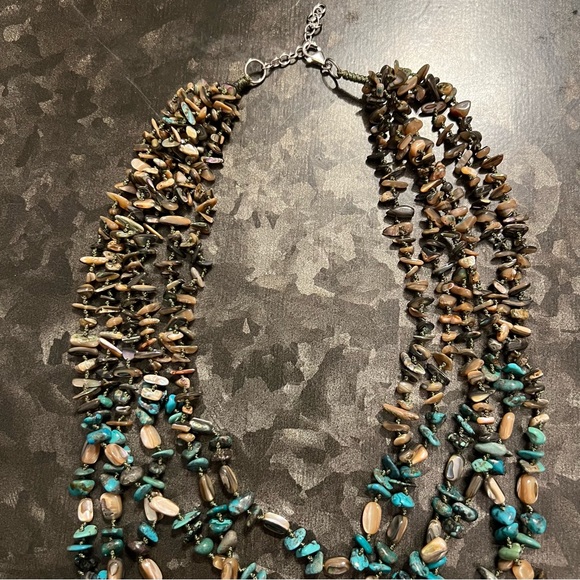 Vintage Sterling Silver Abalone Turquoise Polished Beaded Multi Strand Necklace - Picture 2 of 4